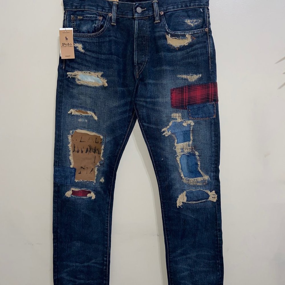 Polo Ralph Lauren Varick Slim Straight Patchwork Distressed Denim Jeans Sz 32x30